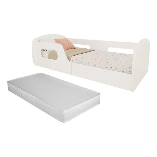 Cama Infantil Montessoriana Comprelar MDF Branco Com Colchão Proteção 150x78cm