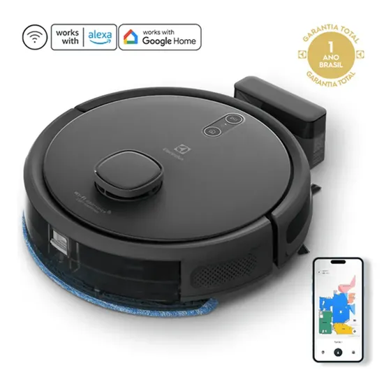 Robô Aspirador de pó 4 em 1 Electrolux Wi-Fi MOP Passa Pano Seco e Úmido até 1h40 de Bateria App Mapeamento Laser Inteligente Alexa e Conectividade Google Home Experience sensor Antiqueda ERB60 Bivolt