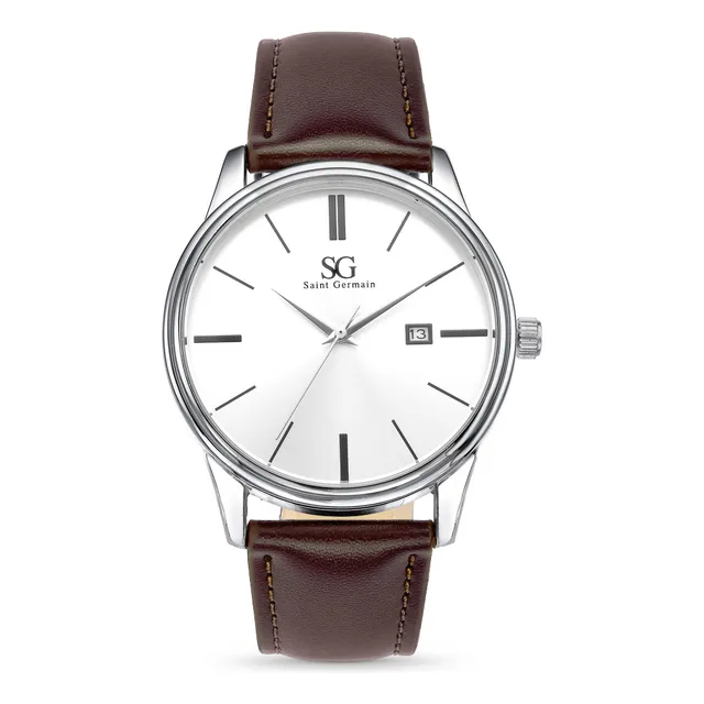 Relógio Masculino Preto Saint Germain Correia De Couro Marrom Caixa Prateada Fundo Prata 42mm Elegante Clássico Prateado
