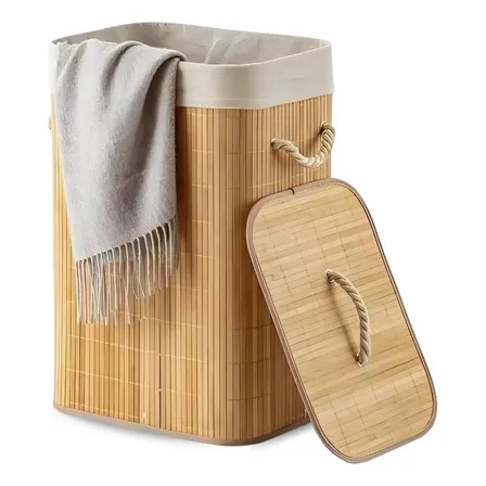 Eps-3903 Cesto Roupa Bambu Retangular Dobrável Com Tampa Alças 60l Bege