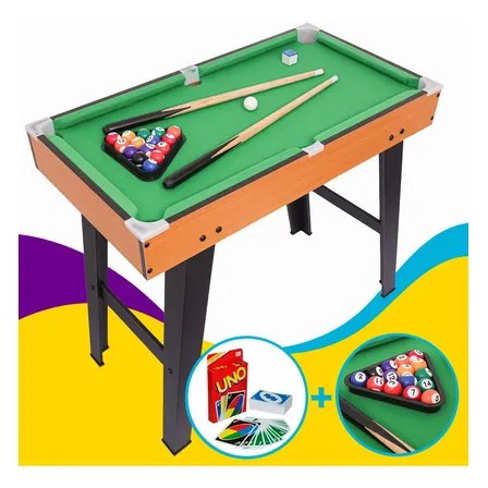 Mesa De Bilhar Infantil Sinuca Mini Snooker Em Madeira Com Pé Brinquedo Jogo Com Bola E Taco + Jogo de Cartas Uno
