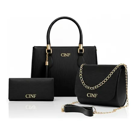 Kit Com 3 Peças Bolsas Feminina Transversal Média Tira Colo Carteira Cor Preta Cinf