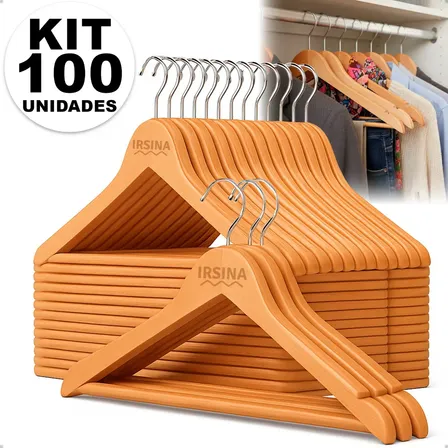 Kit Cabide Madeira Natural Gancho De Metal Marfim Envernizado Antideslizante Adulto Roupa Camisa Vestido Terno Irsina Marrom-claro