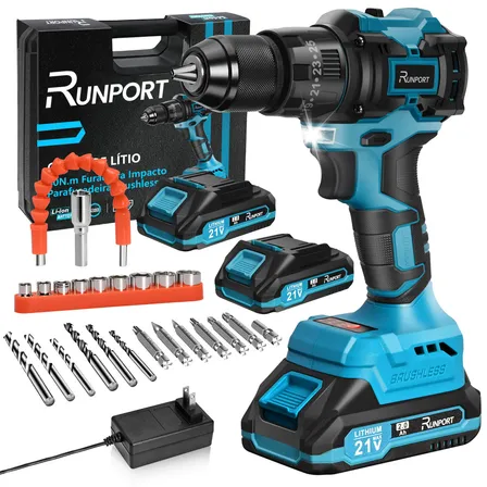 Parafusadeira Furadeira De Impacto Brushless Profissional Sem Fio Eletrica Runport Rg-8800 C/2 Bateria Liion E 10mm Ferramentas Maleta Jogo Brocas Auzl