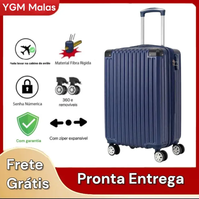 Mala de Bordo Rígida de ABS com Rodas 360 e Zíper Extensor Azul