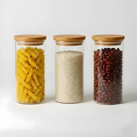 Kit 3 Pote Hermético Vidro 1000ml Tampa De Bambu Mantimentos Alimentos Muug