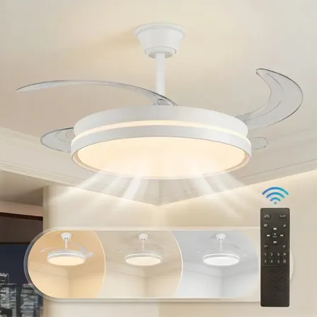 Ventilador De Teto Silencioso Retrátil Com Led 42 , Luminária De Teto Brilho Ajustável, Seis Velocidades Ajustáveis, Controle Remoto, Adequado Para Quartos E Salas De Estar 127/220v Branco