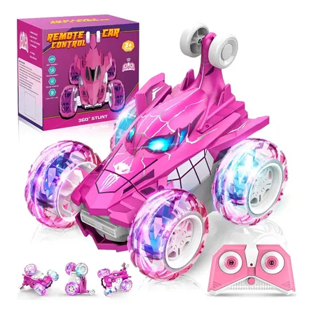 Carrinho Recarregável Controle Remoto Acrobata Gira 360 Graus Aranha Spider Rosa Pink Com Luzes Color Efeitos Especiai Colorido Brinquedo Encantado Infantil Menina Kizumba