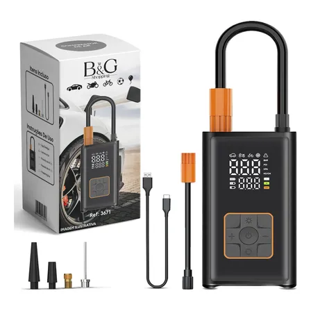 Compressor de Ar Portátil Digital B&G Preto USB-C para Carro Moto Bike