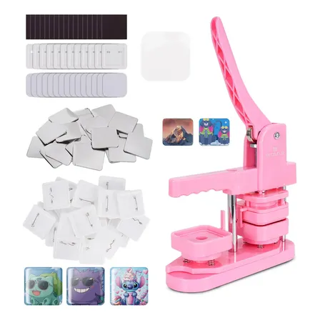Máquinas Advertising Photobots 5x5cm Quadrado Pins E Bottons Rosa Máquina +50 Imãs De Geladeira+50 Emblemas Mecolour
