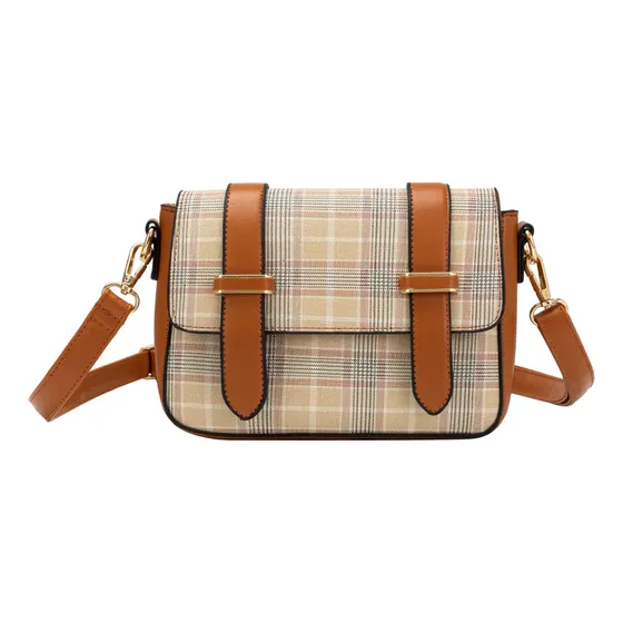 Bolsa Feminina Transversal Tiracolo Pequena Estampa Xadrez Cor Caramelo Ouro Marrom