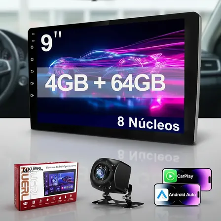 Multimidia Universal 9'' 4+64gb Carplay Android Bluetooth Preto