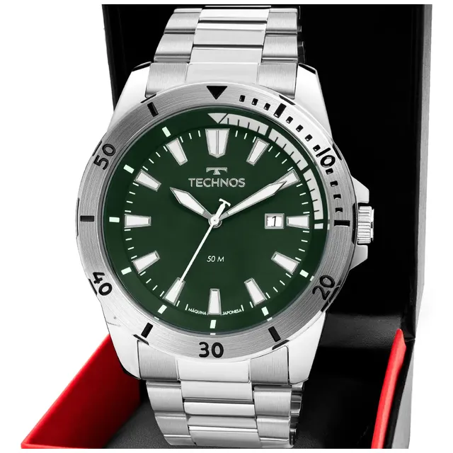 Relógio Masculino Technos Militar Fundo Verde Prateado 2115naq/1v