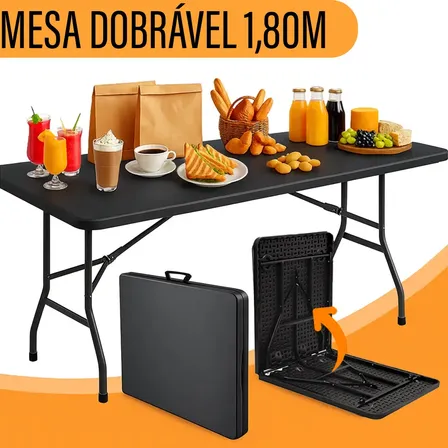 Mesa Dobrável Maleta Yab 180x70cm Preta Com Alça Portátil Para Camping Festa Jardim Área Externa Ou Interna Estrutura Resistente