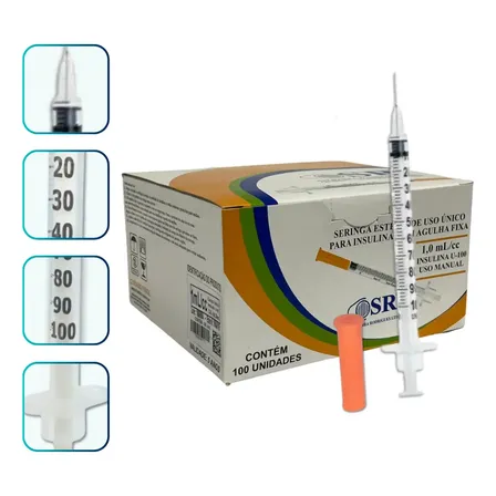 Seringa Insulina Com Agulha Fixa 1ml 8mm X 0,30mm 100un Sr