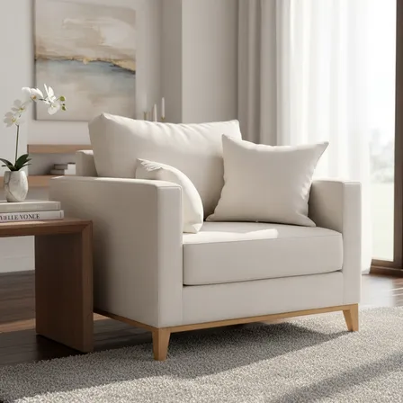 Poltrona Beny 90cm Linho Cru Fixo Moderno Com Almofadas Decorativas Assento Macio D28 Molas Bonnel Pés De Madeira Encosto Removível Ideal Sala Estar Recepção Escritório Luxo MZ Móveis