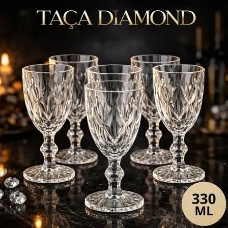 Kit 6 Taças Diamond 330ml Transparente Luxo Vidro Copo Transparente Diamante Cristal Suco Agua vinho - Star House