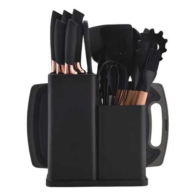 Kit Conjunto 19 Pçs De Utensílios Facas Silicone E Plástico Preto