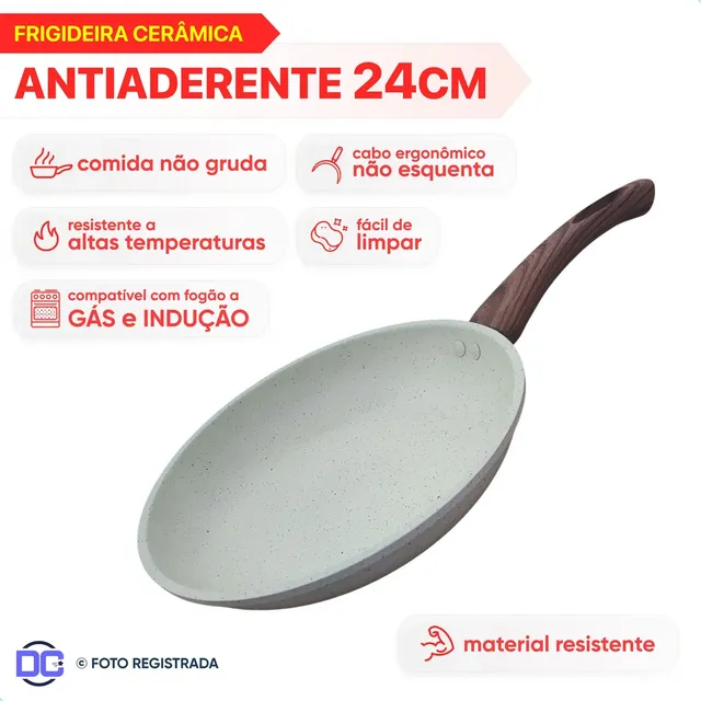 Panela Frigideira Indução E Gás Antiaderente De Cerâmica 24cm Luxo Sem Tampa Premium Care Cor Creme Marca Dc