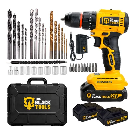 Parafusadeira Furadeira De Impacto 2 Baterias 21v Motor Brushless Com Maleta Brocas E Acessórios The Black Tools