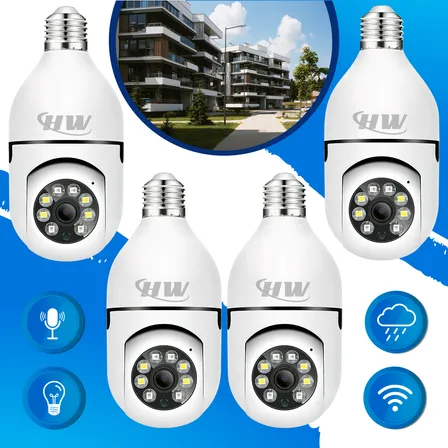 Kit Com 4 Câmeras Lâmpada Wifi E27 360° Full Hd, Visão Noturna, Áudio, Sensor Movimento, App Yoosee Monitoramento 24h Fácil Instalação Segurança Residencial Imagem Nítida E Acesso Remoto Branco Hw