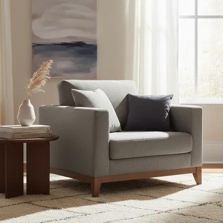 Poltrona Beny 90cm Linho Cinza Fixo Moderno Com Almofadas Decorativas Assento Macio D28 Molas Bonnel Pés De Madeira Encosto Removível Ideal Sala Estar Recepção Escritório Luxo MZ Móveis