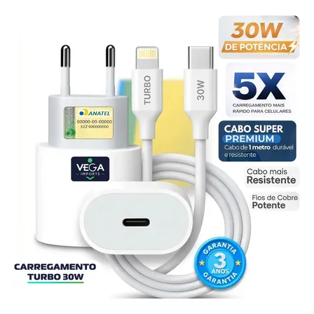 Carregador 30W Turbo Para iPhone 8 X Xr 11 12 13 14 Pro Max Fonte Usb C VEGA BRASIL