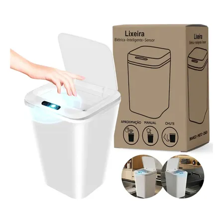 Lixeira Automática Inteligente 16L Branca Sensor de Aproximação Tampa Touchless Recarregável USB Sistema Anti Odor