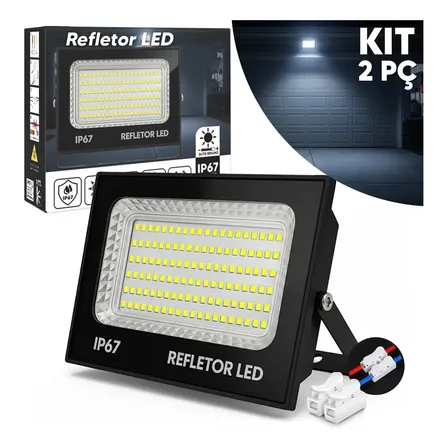 Kit 2 Luminária Refletor Super Led 500w Holofote Cor Da Luz Branco Frio 6500k Ip67 Bovolt Preto