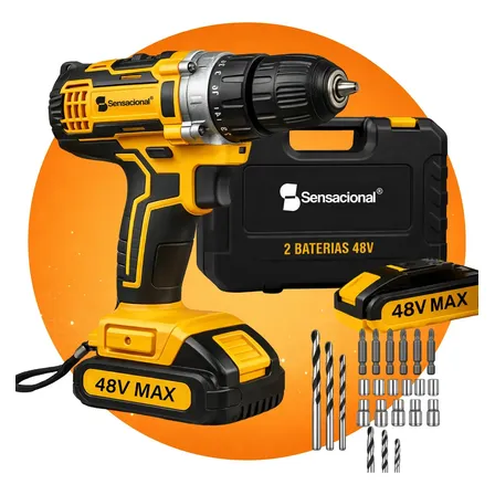 Parafusadeira Furadeira 48v Profissional 2 Baterias Sem Fio Amarelo 60 Hz 127/220v