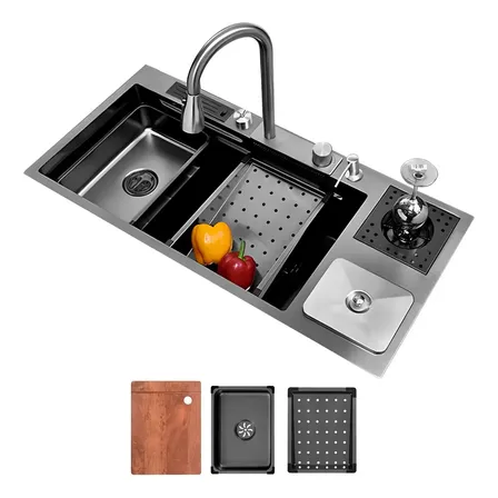 Kit Cuba Gourmet Preta com Torneira, Lixeira e Lava-Copos