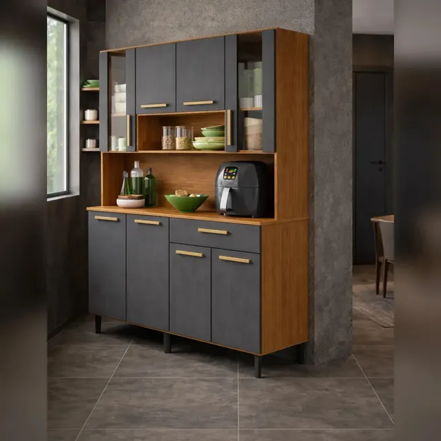 Armário De Cozinha Completo Poliman Gabi Freijó/grafite 8 Portas 1 Gaveta Nicho Para Micro-ondas Design Moderno Compacto Em Mdp Para Cozinhas Pequenas E Médias