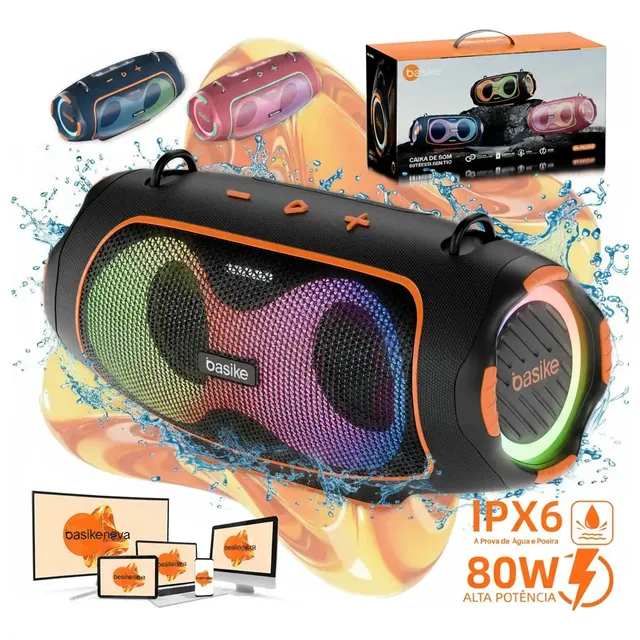 Basike Caixa de Som Bluetooth Portátil Boombox 80W 8000mAh Hifi Xtreme 3 Com RGB TWS IPX6 Prova Dágua Grave Potente Bass Boost Para Karaoke Profissional Party Samba Funk Baile RAD295 Cor Cinza-escuro