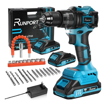 Parafusadeira De Impacto Brushless Runport Rg-8800 Com 2 Baterias E Kit De Ferramentas Azul-marinho 127/220v