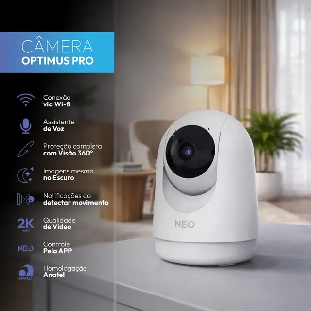 Câmera De Segurança Wi-fi Inteligente Full Hd 2k 360° Visão Noturna Optimus Pro Branco Avant Neo