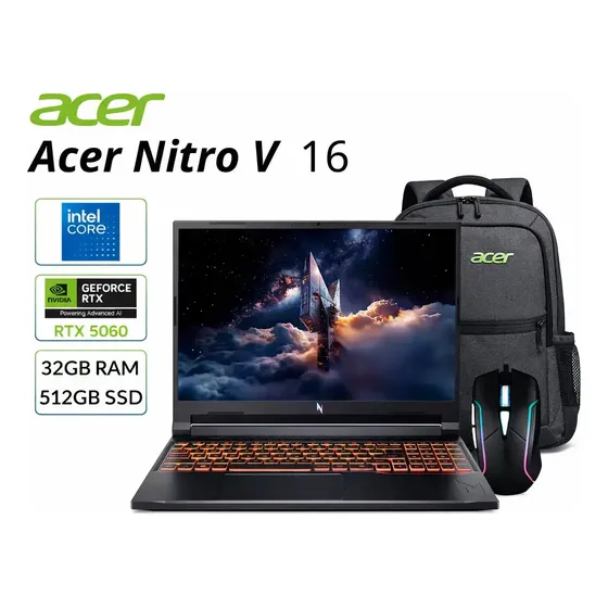 Laptop para jogos Acer Nitro V 16 Rtx 5060 8gb Intel Core 7 240h 32gb Ddr5 512gb Ssd 16 Wuxga 180hz Wifi 6 Rj45 Teclado retroiluminado + mouse para jogos + Hub USB 3.0 + mochila de streaming de...