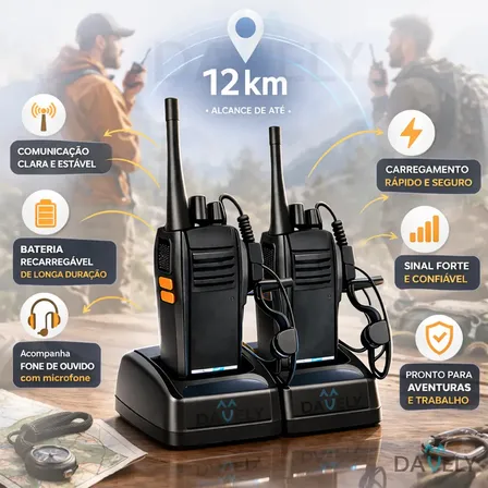Walkie Talkie Rádios Comunicador KIT COM 2 Unidades Radinho walk talk COMPLETO Fone Microfone e Acessórios - Radio De Comunicação Longo Alcance Comunicação Segura Com 16 Canais - Marca Davely
