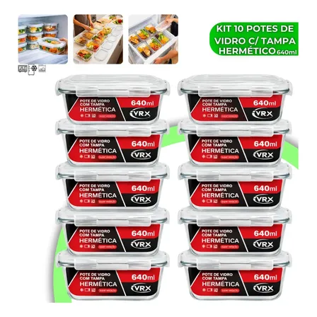 Kit 10 Pote De Vidro Hermético 640ml Marmita 4 Travas Herméticos Forno Micro-ondas Geladeira Freezer Fitness Vidro Transparente