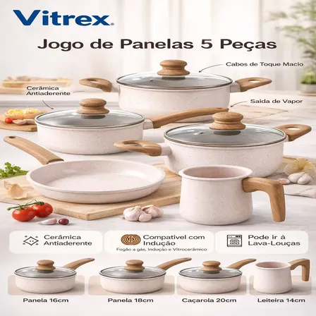 Jogo De Panelas Cerâmico Triplo Indução Vitrex Ecoglid 5 Peças Cor Baunilha