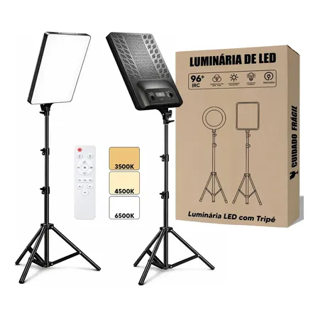 Iluminador Led Profissional Quadrado Lumi Para Fotos E Vídeos, Com Tripé De 2,10m E Luz Ajustável 127/220v Preto Branco