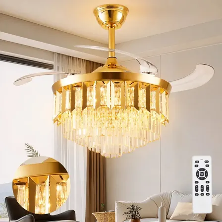 Ventilador De Teto Retrátil Tieesa Dourado Com Cristal E Luz Led Bivolt 127/220v