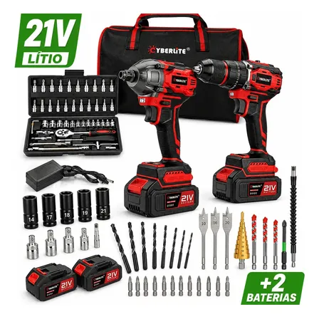 Parafusadeira E Chave De Impacto 21v Cyberlite , 2 Máquinas Com Motor Brushless, 2 Baterias Kit Completo Sem Fio Profissional Alta Potência Com Acessórios E Bolsa Vermelho 127/220v 50 Hz