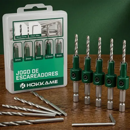 Kit 5 Brocas Escareadoras Hokkame para Madeira e MDF com Haste Hexagonal de 8mm