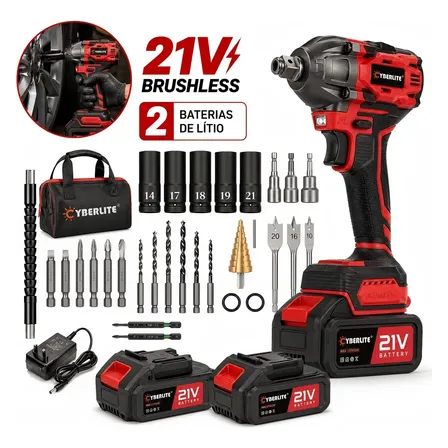 Chave de Impacto 21V Brushless Cyberlite 1/2 520Nm 2 Baterias, Kit Completo Com Soquetes Brocas e Acessórios