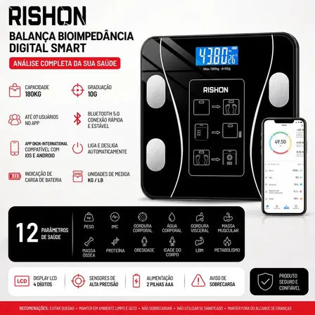 Balança Bioimpedancia Digital 180kg Smart Imc Profissional Rishon Com Aplicativo