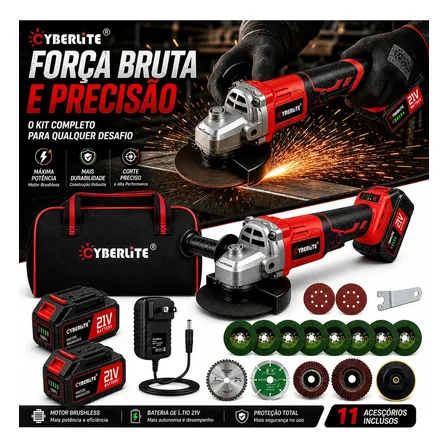 Esmerilhadeira Angular 5 Pol 21v Brushless Sem Fio Bateria Lítio Recarregável 125mm Kit Profissional Com Bolsa 2 Baterias Carregador Bivolt Cortadeira E Lixadeira Portátil Motor Sem Escovas