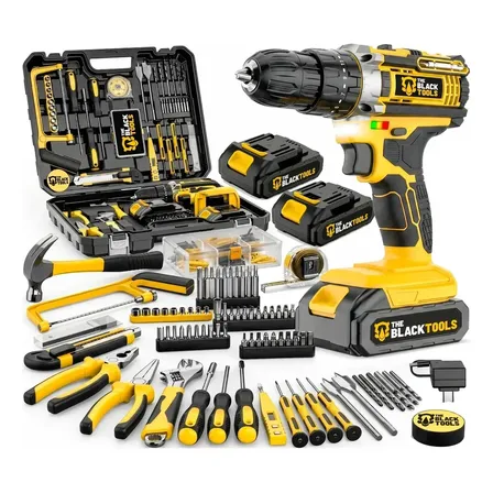 Parafusadeira Furadeira De Impacto The Black Tools Com Maleta + Kit Acessórios 147 Peças 2 Baterias Profissional Tbkit17