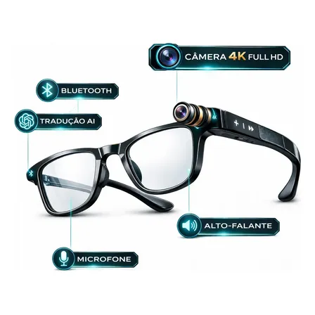 Óculos Inteligente Com Câmera 4k Full Hd Grava Vídeo E Tira Foto Tradução Ai Em Tempo Real Auto-falante Integrado Bluetooth Com Audio Lente Transparente Marca Brs