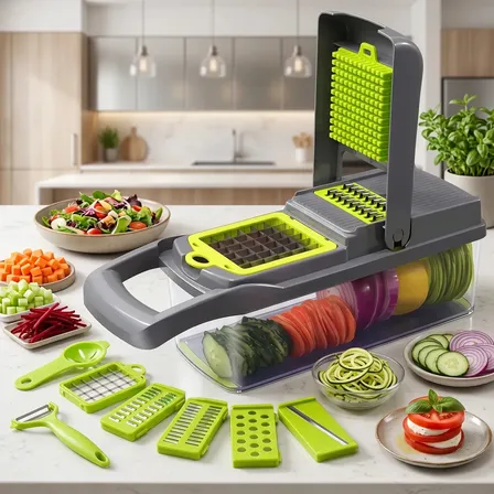 Cortador Fatiador Ralador De Legumes Multifuncional 16 Em 1 Mandolin Julienne Picador Triturador De Verduras Frutas Com Lâminas Inox Recipiente Coletor Manual Cozinha - Honey Play Box Verde/preto