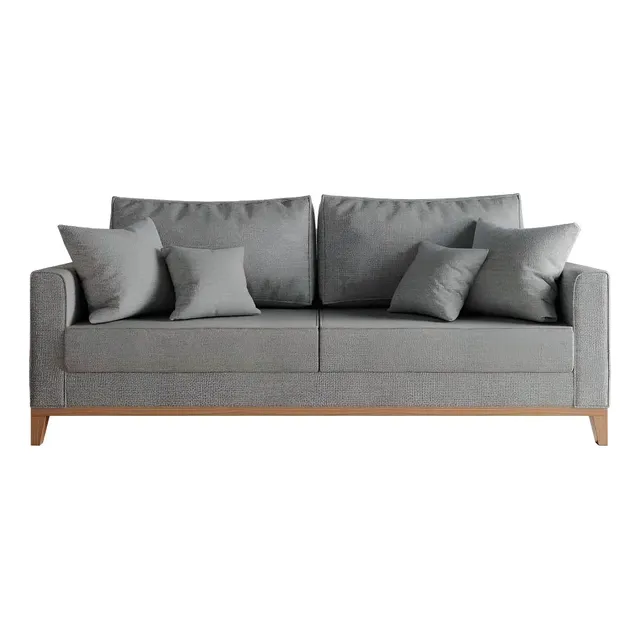 Sofá 3 Lugares Beny 180cm Linho Cinza Fixo Moderno Com Almofadas Decorativas Assento Macio D28 Molas Bonnel Pés De Madeira Encosto Removível, Suporta 350kg Ideal Sala Estar Luxo MZ Móveis